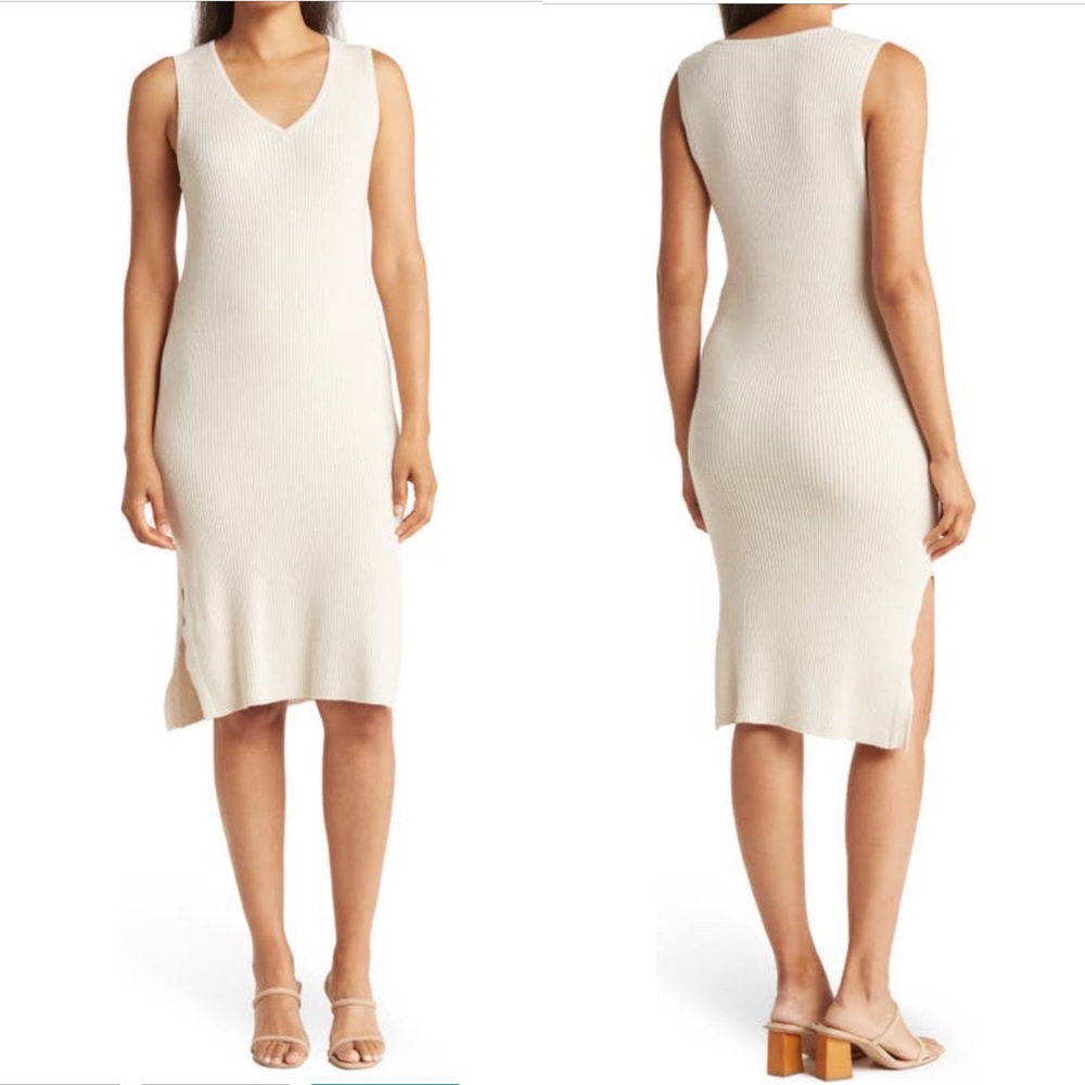 Magaschoni Vented Hem Ribbed Dress sandy beige - Size Large